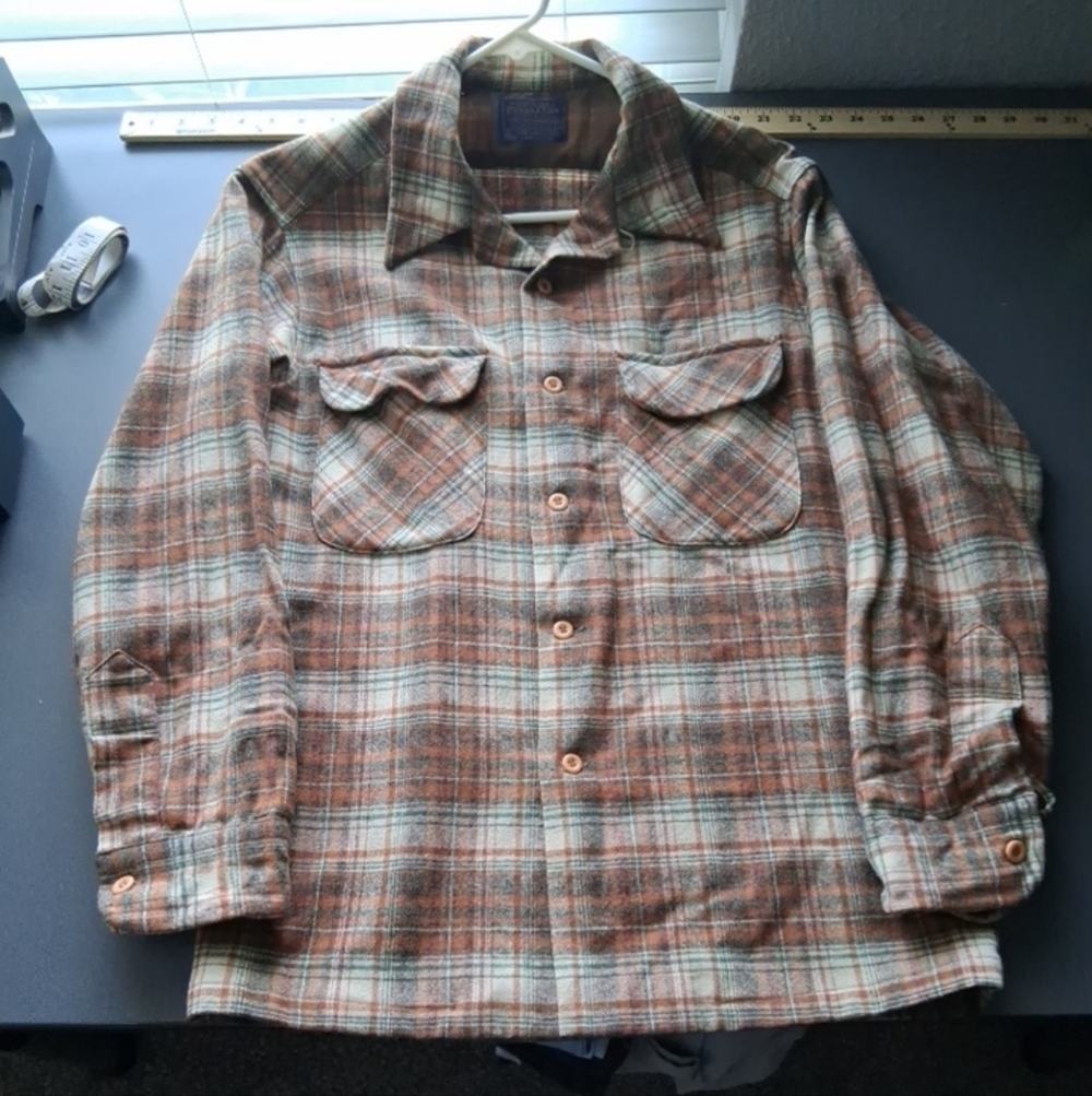 Vintage Pendleton Wool Plaid Long Sleeve Shirt Brown Cream Large